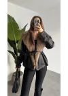Kadın Siyah Kemerli Kürk Yaka Deri Ceket Siyah Kışlık
