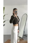Kadın Yeşil Çizgili Tek Düğmeli Astarlı Crop Ceket