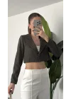 Kadın Yeşil Çizgili Tek Düğmeli Astarlı Crop Ceket
