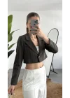 Kadın Yeşil Çizgili Tek Düğmeli Astarlı Crop Ceket