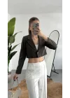 Kadın Yeşil Çizgili Tek Düğmeli Astarlı Crop Ceket