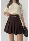 Kahverengi Astarlı Şortlu Kemerli Pileli Kışlık Mini Etek