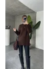 Kahverengi Bisiklet Yaka Tam Salaş Oversize Uzun Triko Kazak