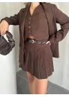Kahverengi Double Yelek-Etek & Blazer Ceket Üçlü Set Takım
