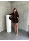 Kahverengi Double Yelek-Etek & Blazer Ceket Üçlü Set Takım