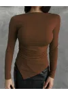 Kahverengi Zr Model Asimetrik Kesim Drapeli Büzgülü Candy Body Bluz
