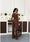 Kahverengi Kayık Yaka Asimetrit Kesim Bluz İspanyol Paça Pantolon İkili Takım