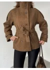 Kahverengi Kruvaze Boğazlı Dik Yaka Düğmeli Apoletli Kaşe Kaban Mont