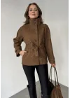 Kahverengi Kruvaze Boğazlı Dik Yaka Düğmeli Apoletli Kaşe Kaban Mont