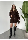 Kahverengi Kruvaze Oversize Astarlı Cepli Kuşaklı Kaşe Mont Kaban