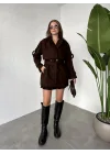 Kahverengi Kruvaze Oversize Astarlı Cepli Kuşaklı Kaşe Mont Kaban