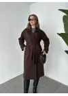 Kahverengi Kruvaze Oversize Premium Kalite Kuşaklı Tam Boy Uzun Kaşe Mont