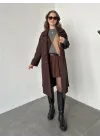 Kahverengi Kruvaze Oversize Premium Kalite Kuşaklı Tam Boy Uzun Kaşe Mont