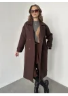 Kahverengi Kruvaze Oversize Premium Kalite Kuşaklı Tam Boy Uzun Kaşe Mont