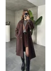 Kahverengi Kruvaze Oversize Premium Kalite Kuşaklı Tam Boy Uzun Kaşe Mont