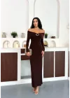 Kahverengi Madonna Yaka Gold Aksesuarlı Uzun Kollu Vucudu Saran Uzun Midi Boy Elbise