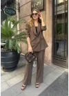 Kahverengi Oversize Kruvaze Ceket Tam Kalıp Palazzo Pantolon Viskon Premium İkili Takım