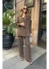 Kahverengi Oversize Kruvaze Ceket Tam Kalıp Palazzo Pantolon Viskon Premium İkili Takım