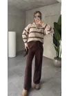 Kahverengi Pileli Tam Kalıp Bel Oturtmalı Geniş Paça Palazzo Pantolon