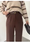 Kahverengi Pileli Tam Kalıp Bel Oturtmalı Geniş Paça Palazzo Pantolon