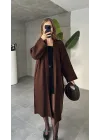 Kahverengi Şal Yaka Tam Boy Uzun Salaş Oversize Triko Hırka