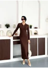 Kahverengi Yarım Fermuarlı Fitilli Tam Boy Uzun Kollu Midi Elbise