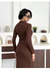 Kahverengi Yarım Fermuarlı Fitilli Tam Boy Uzun Kollu Midi Elbise
