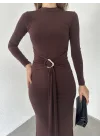 Kahverengi Zr Model Bisiklet Yaka Aksesuarlı Kuşaklı Midi Boy Candy Elbise
