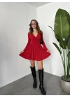 Kırmızı İçi Şortlu Uzun Kollu V Yaka Mini Candy Elbise