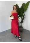 Kırmızı İp Askılı Gipeli Jessica Astarlı Maxi Elbise