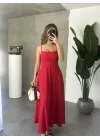 Kırmızı İp Askılı Gipeli Jessica Astarlı Maxi Elbise