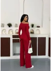 Kırmızı Kayık Yaka Asimetrit Kesim Bluz İspanyol Paça Pantolon İkili Takım