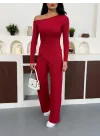 Kırmızı Kayık Yaka Asimetrit Kesim Bluz İspanyol Paça Pantolon İkili Takım