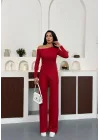 Kırmızı Kayık Yaka Asimetrit Kesim Bluz İspanyol Paça Pantolon İkili Takım