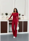 Kırmızı Kayık Yaka Asimetrit Kesim Bluz İspanyol Paça Pantolon İkili Takım
