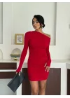 Kırmızı Tek Omuz Kayık Yaka Büzgülü Parmak Geçirmeli Mini Boy Candy Elbise