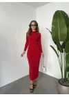 Kırmızı Vucudu Saran Büzgülü Drapeli Tam Boy Uzun Kollu Candy Elbise