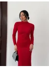 Kırmızı Vucudu Saran Simli Parlak Büzgülü Drapeli Midi Boy Uzun Kollu Elbise