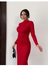 Kırmızı Vucudu Saran Simli Parlak Büzgülü Drapeli Midi Boy Uzun Kollu Elbise