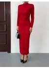 Kırmızı Vucudu Saran Simli Parlak Büzgülü Drapeli Midi Boy Uzun Kollu Elbise