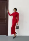 Kırmızı Vucudu Saran Simli Parlak Büzgülü Drapeli Midi Boy Uzun Kollu Elbise
