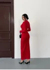 Kırmızı Vucudu Saran Simli Parlak Büzgülü Drapeli Midi Boy Uzun Kollu Elbise