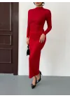 Kırmızı Vucudu Saran Simli Parlak Büzgülü Drapeli Midi Boy Uzun Kollu Elbise