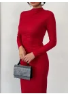Kırmızı Vucudu Saran Simli Parlak Büzgülü Drapeli Midi Boy Uzun Kollu Elbise