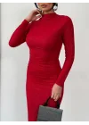 Kırmızı Vucudu Saran Simli Parlak Büzgülü Drapeli Midi Boy Uzun Kollu Elbise