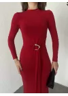 Kırmızı Zr Model Bisiklet Yaka Aksesuarlı Kuşaklı Midi Boy Candy Elbise