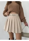 Krem Astarlı Şortlu Kemerli Pileli Kışlık Mini Etek
