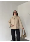 Krem Bisiklet Yaka Şal Aksesurlı Düğmeli Kaşe Ceket Mont