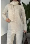 Krem Burgu İşlemeli Şallı Pantolonlu Bisiklet Yaka Kazak Üçlü Triko Takım