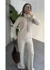 Krem Burgu İşlemeli Şallı Pantolonlu Bisiklet Yaka Kazak Üçlü Triko Takım